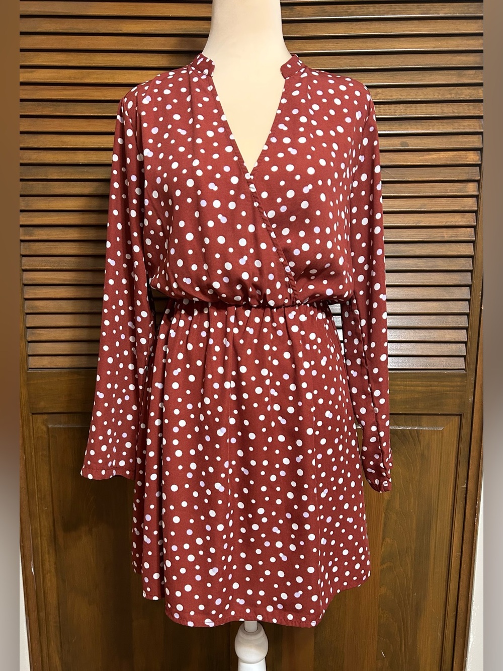 All in Favor Faux Wrap Rust/Burnt Orange w/White Polka Dots Dress Size XS
